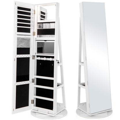 360° Rotating Mirrored Jewelry Cabinet Armoire 3 Color LED Modes Lockable-Dark Brown