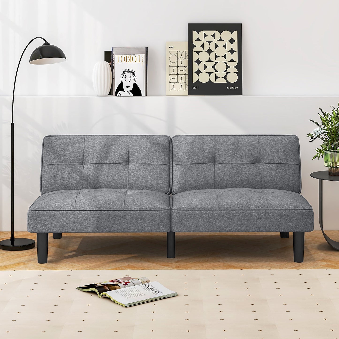Sofá Cama Futón Plegable Convertible con Respaldo Ajustable de 6 Posiciones-Gris