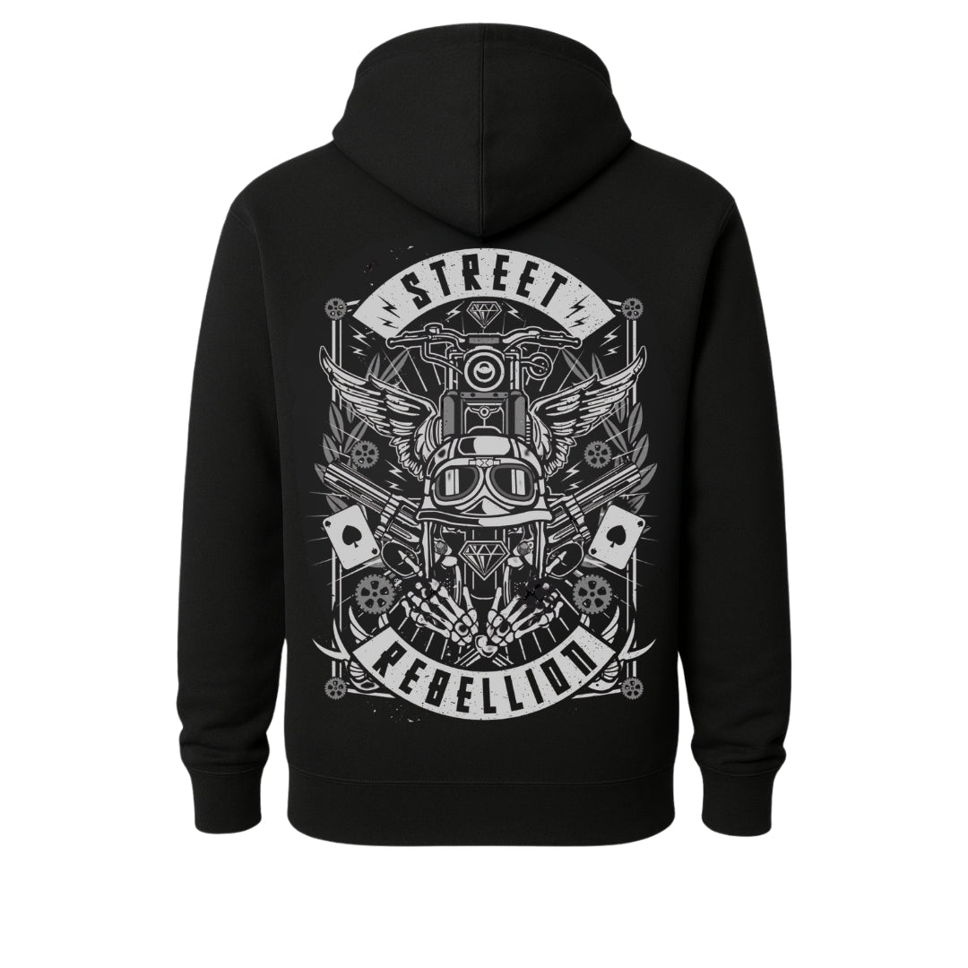 Hoodie, black back print of winged motorcycle and gears with STREET REBELLION banner by BikerZoneZ on Tampa Home & Garden Store