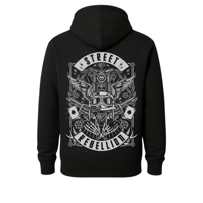 Hoodie, black back print of winged motorcycle and gears with STREET REBELLION banner by BikerZoneZ on Tampa Home & Garden Store