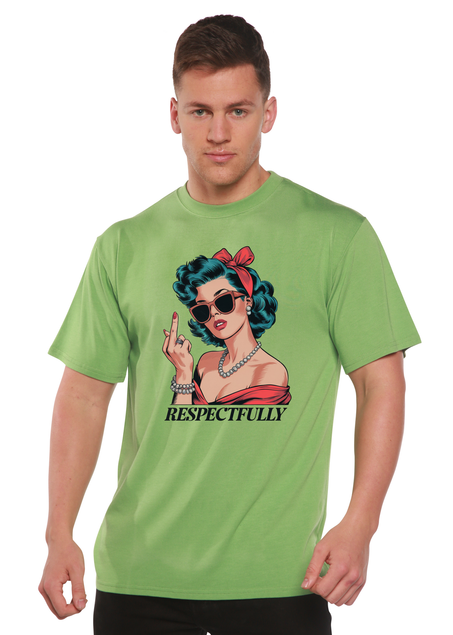 Unisex bamboo/cotton graphic T-shirt in lime green with retro woman flipping the middle finger on Tampa Home & Garden Store