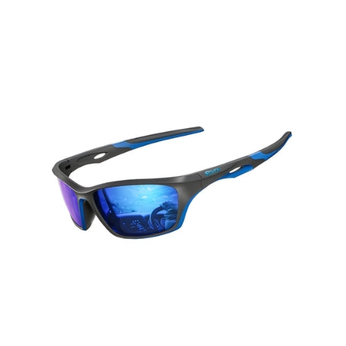 Polarized impact-resistant glasses with black frame and blue accents, blue mirrored lenses on Tampa Home & Garden Store