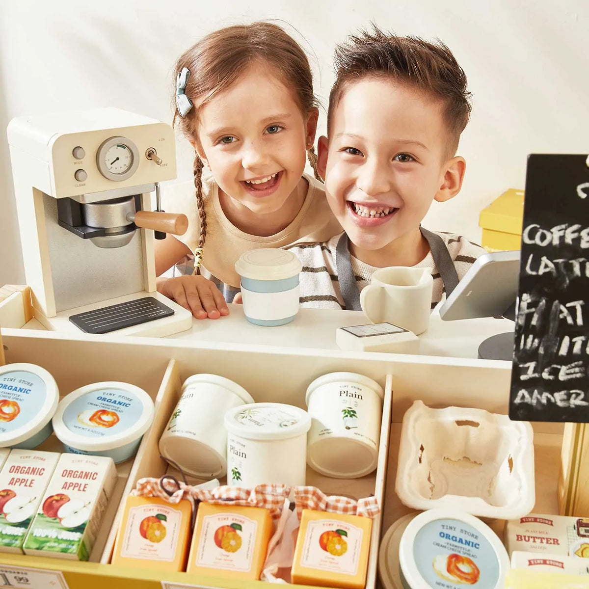 Tiny Land Kid's Grocery Store Playset; cream coffee machine, jars on shelves, two kids on Tampa Home & Garden Store
