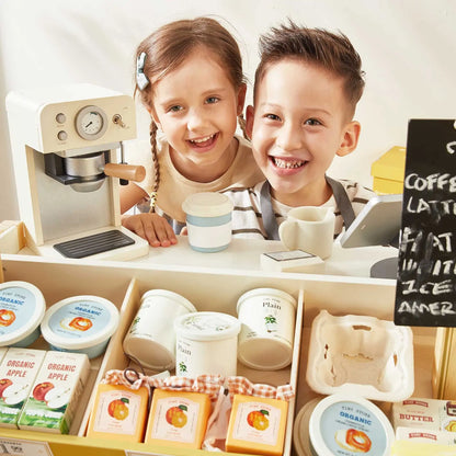 Tiny Land Kid's Grocery Store Playset; cream coffee machine, jars on shelves, two kids on Tampa Home & Garden Store