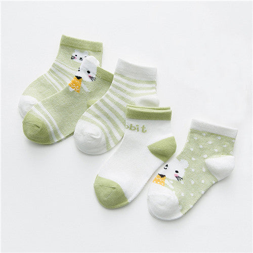 Baby socks 4-pair Stevvex breathable mesh cotton set in green/white with cute animal motifs on Tampa Home & Garden Store