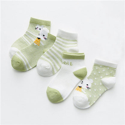 Baby socks 4-pair Stevvex breathable mesh cotton set in green/white with cute animal motifs on Tampa Home & Garden Store