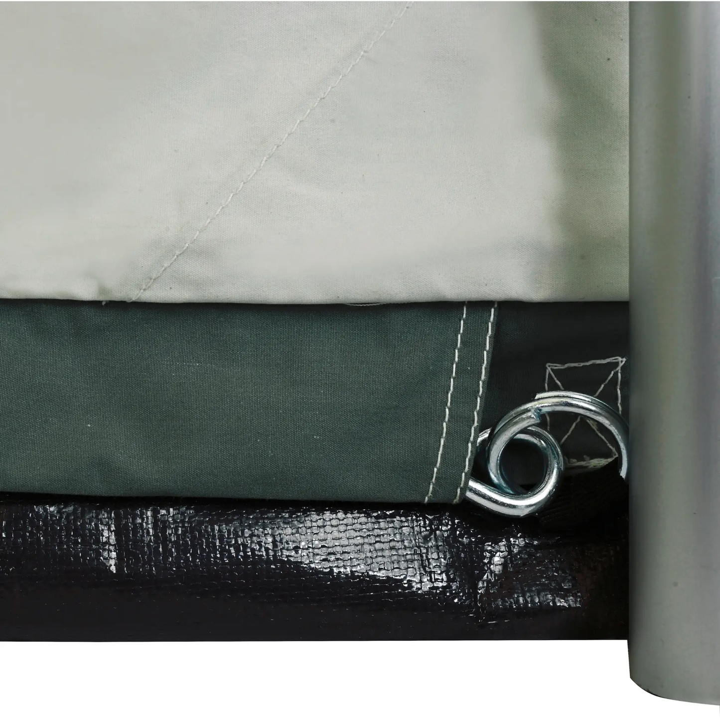10'x10' Prota Canvas Tent close-up; cream and green panels, metal rings, White Duck Outdoors on Tampa Home & Garden Store