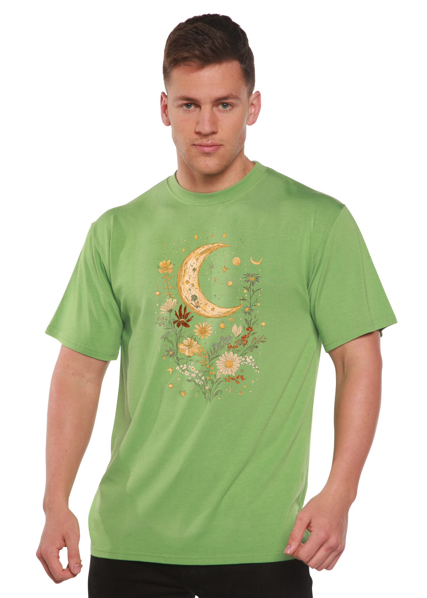 Celestial Moon Boho Flowers graphic t-shirt in green, unisex bamboo/cotton fabric by Spun Bamboo on Tampa Home & Garden Store