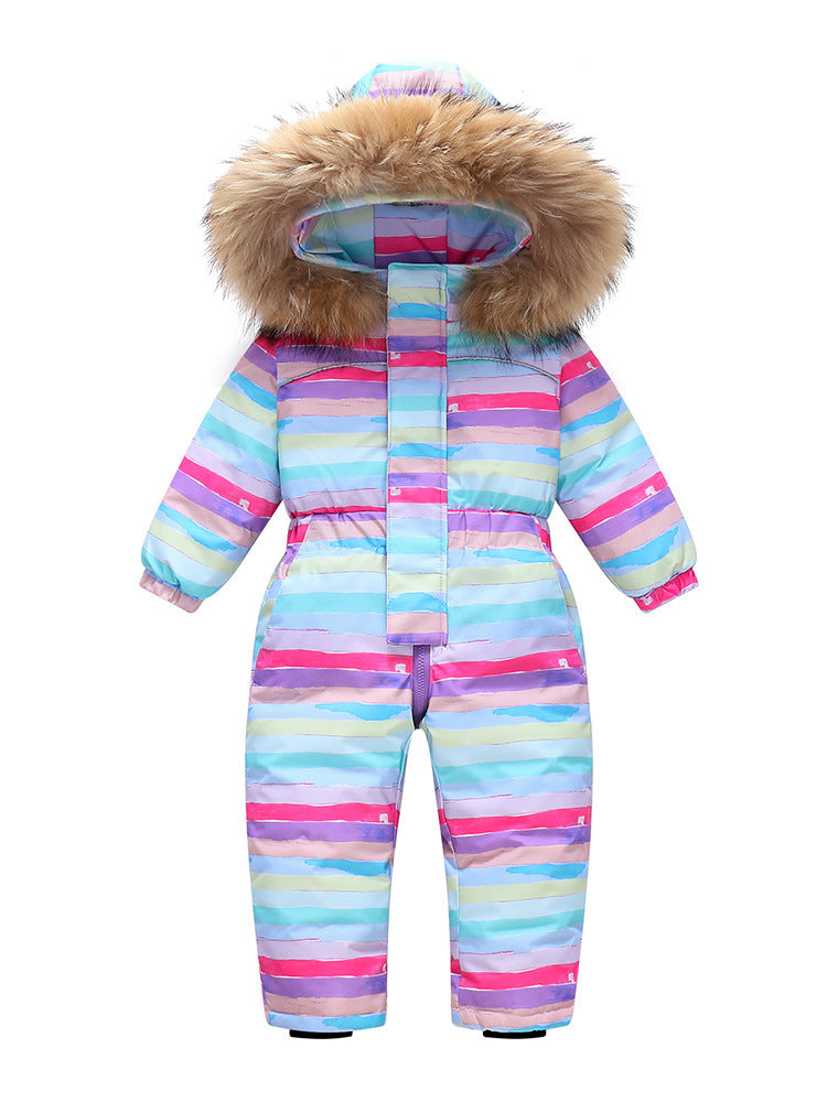 Kids' pastel rainbow striped puffer jumpsuit with fur hood by Stevvex, winter ski wear on Tampa Home & Garden Store