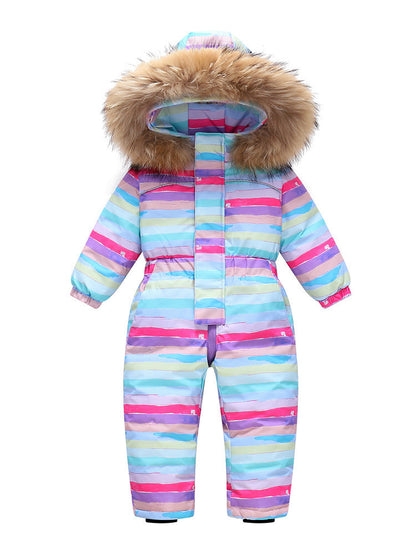 Kids' pastel rainbow striped puffer jumpsuit with fur hood by Stevvex, winter ski wear on Tampa Home & Garden Store