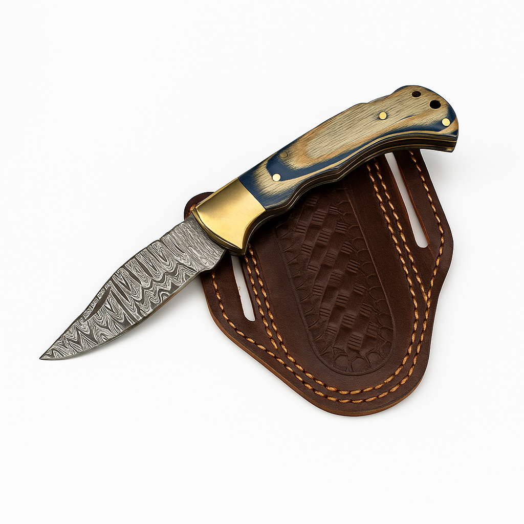 Ocean Wave Damascus Folding Knife TF-100 Titan International K wood handle brass bolster on Tampa Home & Garden Store