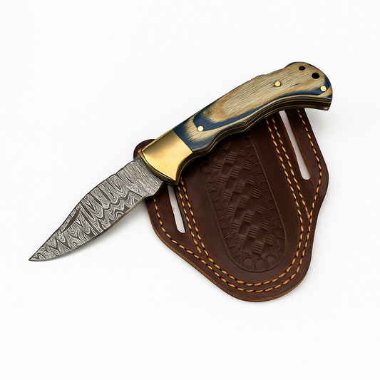 Ocean Wave Damascus Folding Knife TF-100 Titan International K wood handle brass bolster on Tampa Home & Garden Store