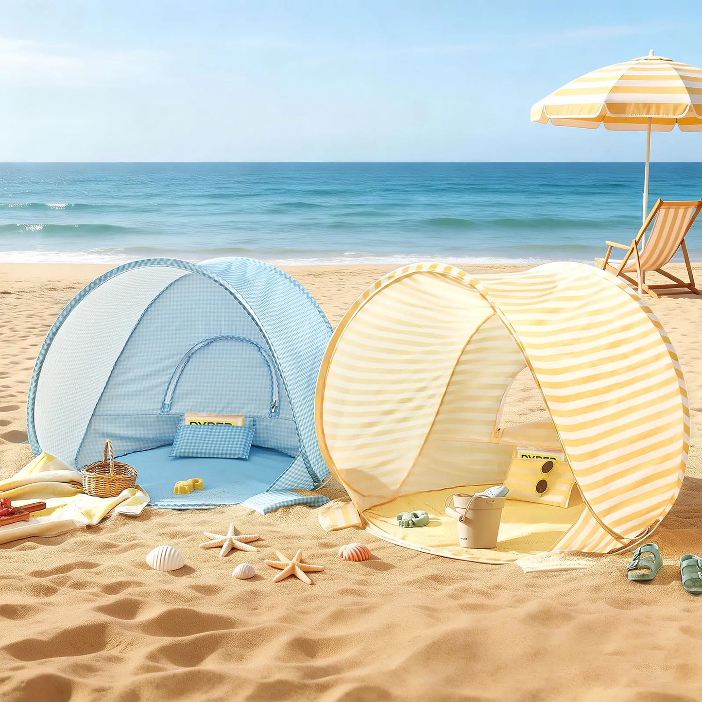 Tiny Land INC beach tent set blue check and yellow stripe pop-up tents with beach gear on Tampa Home & Garden Store