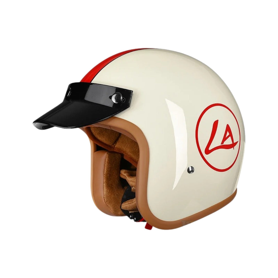 The Street King vintage open-face helmet by BikerZoneZ, cream with red stripe and LA logo on Tampa Home & Garden Store