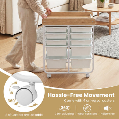 10-Drawer Rolling Cart with Wooden Tabletop and Lockable Wheels for Office