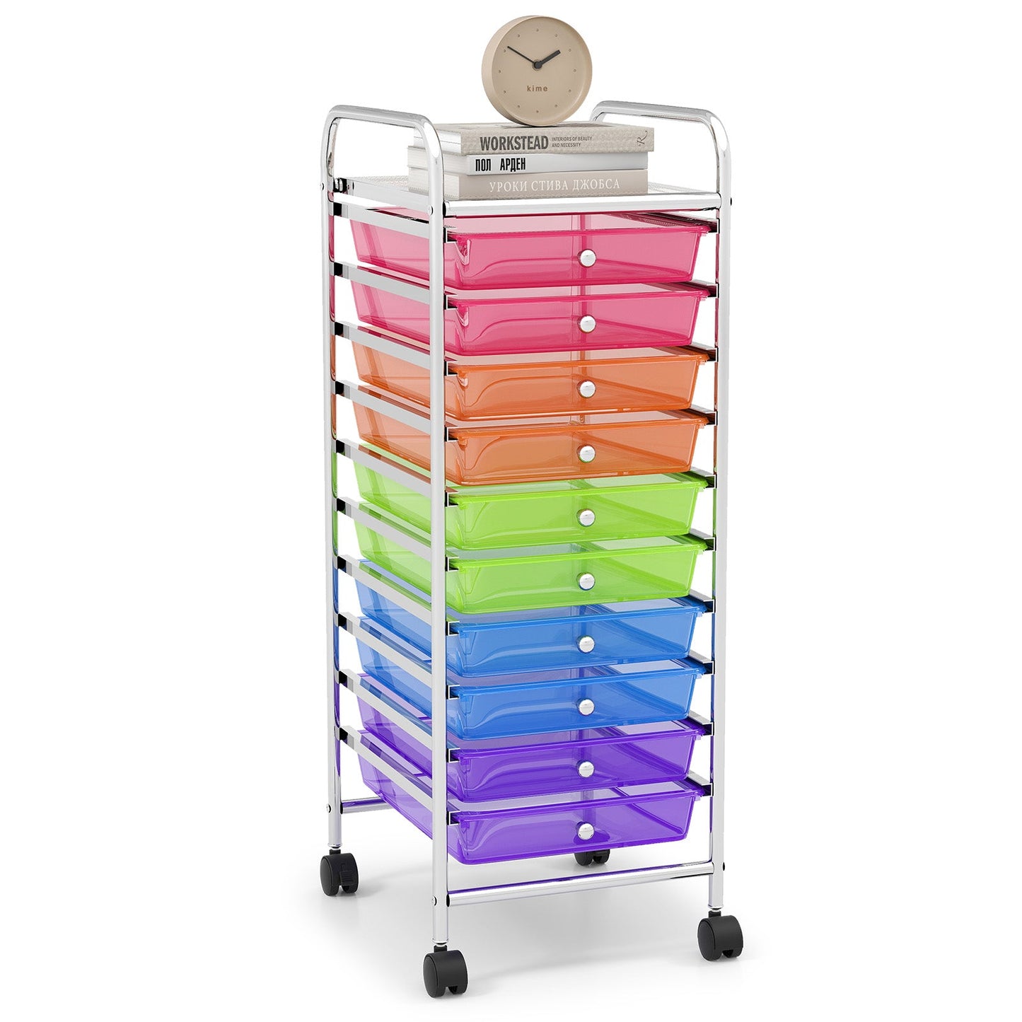 Carrito organizador de almacenamiento rodante de 10 cajones con 4 ruedas universales - Macarón multicolor