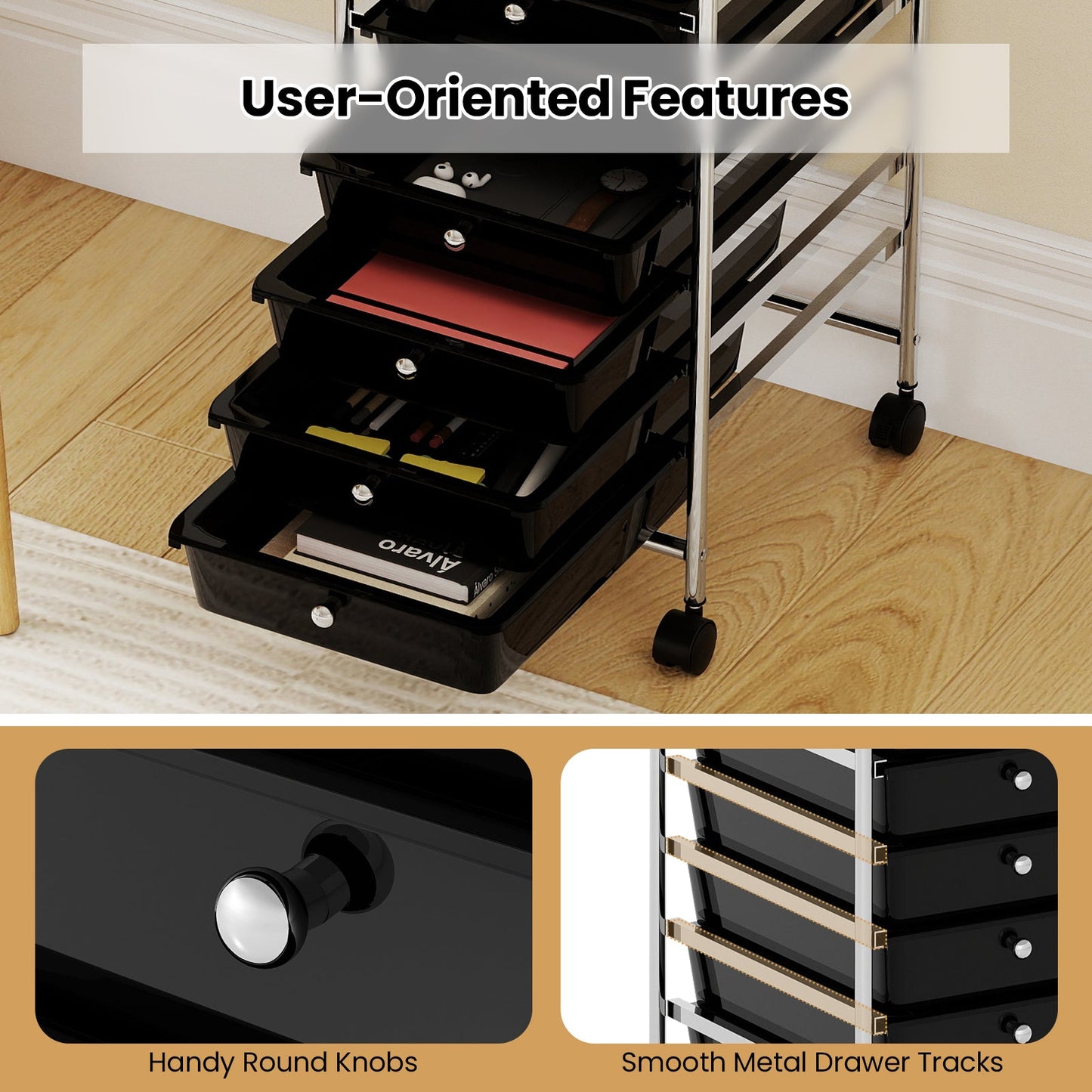 10-Drawer Rolling Storage Cart with Metal Frame and Lockable Universal Wheels
