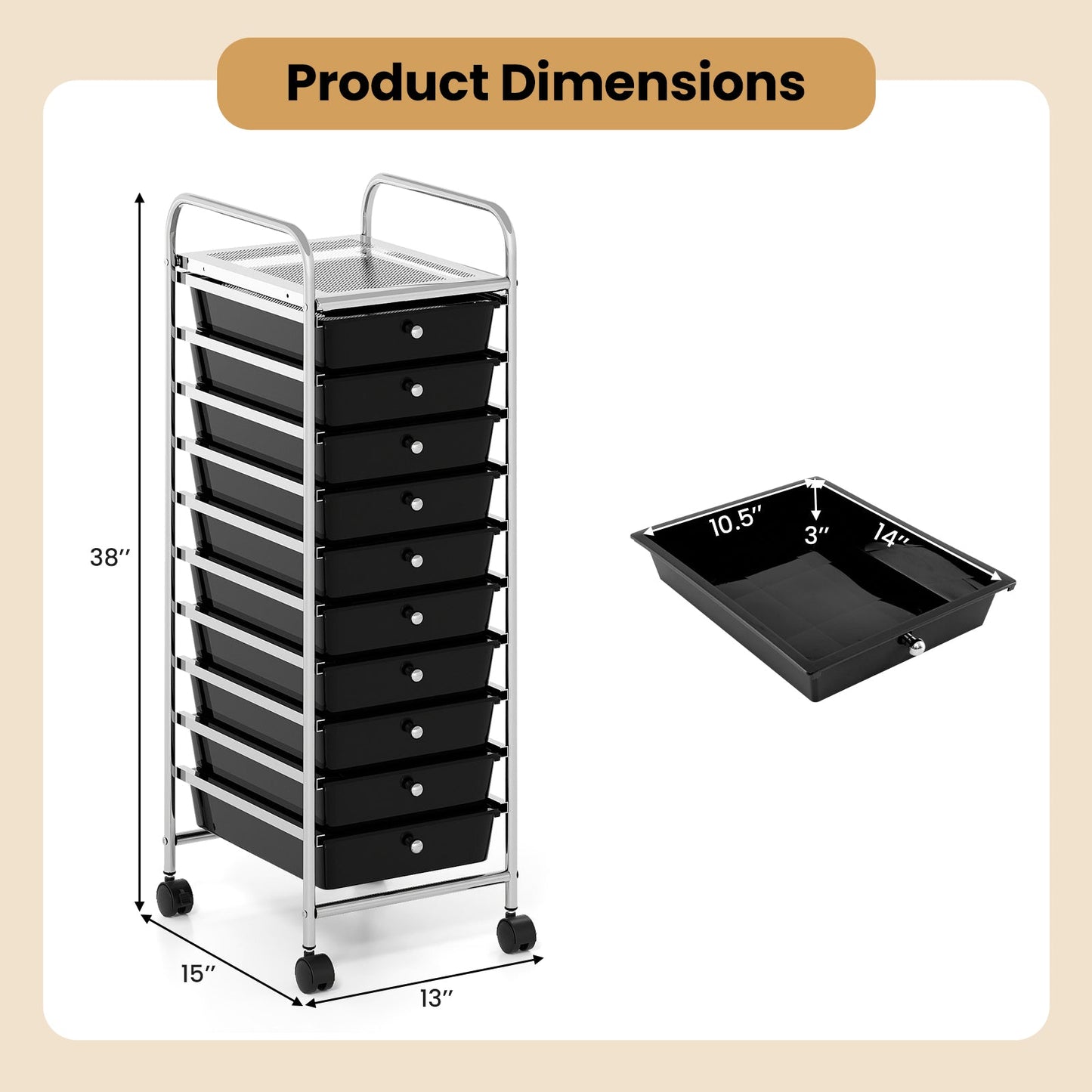 10-Drawer Rolling Storage Cart with Metal Frame and Lockable Universal Wheels