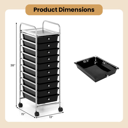 10-Drawer Rolling Storage Cart with Metal Frame and Lockable Universal Wheels