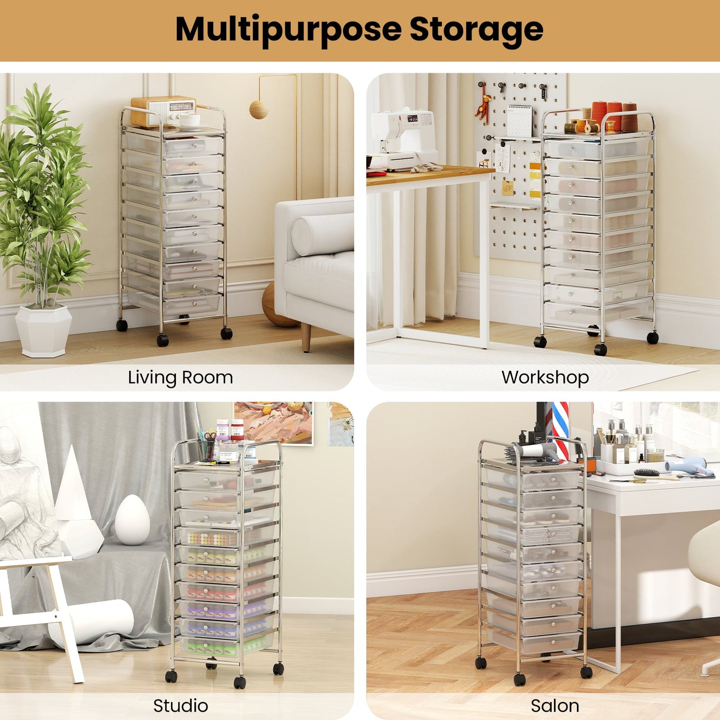 10-Drawer Rolling Storage Cart with Metal Frame and Lockable Universal Wheels