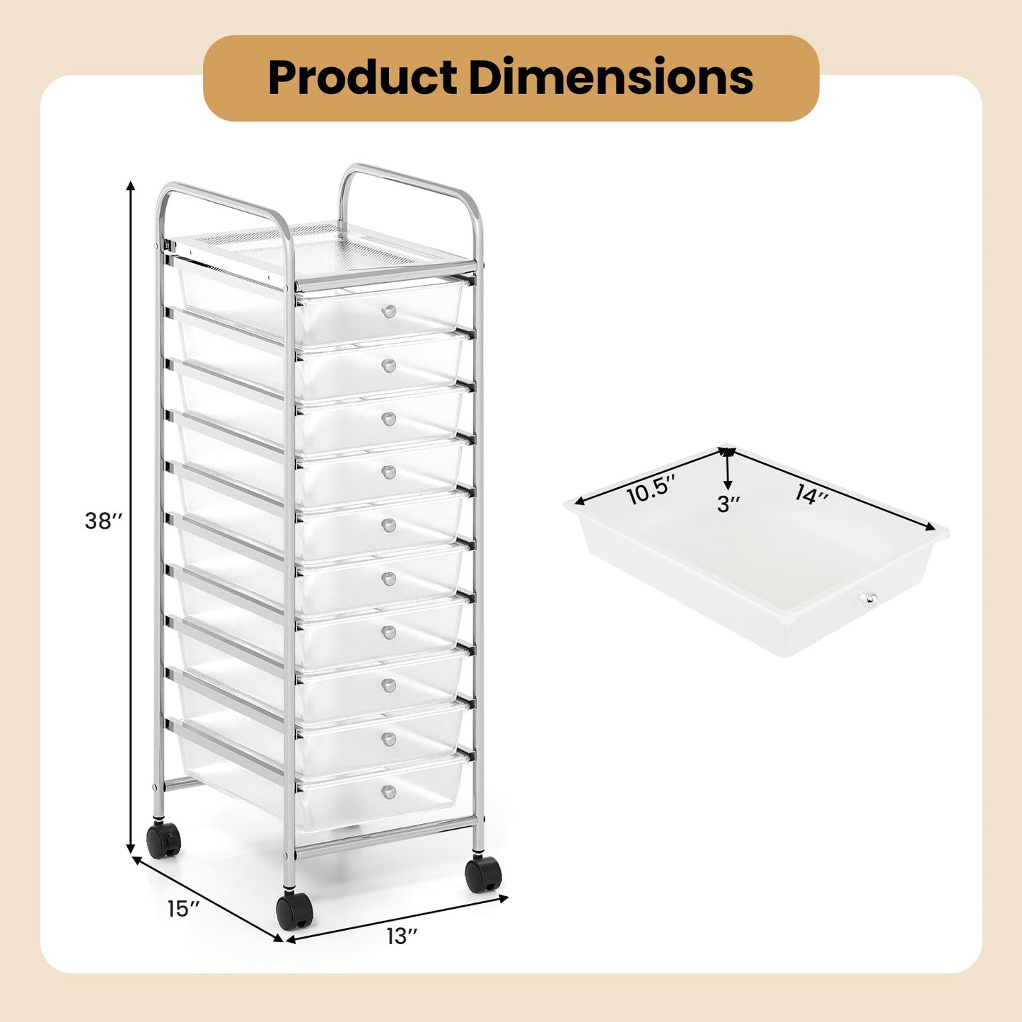 10-Drawer Rolling Storage Cart with Metal Frame and Lockable Universal Wheels