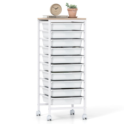 10-Drawer Rolling Storage Cart Mobile Utility Organizer with Wooden Tabletop and Lockable Wheels