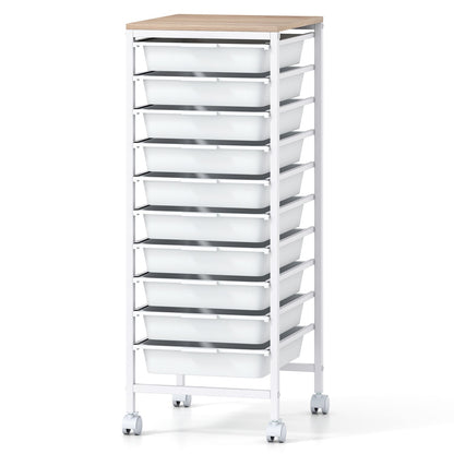 10-Drawer Rolling Storage Cart Mobile Utility Organizer with Wooden Tabletop and Lockable Wheels