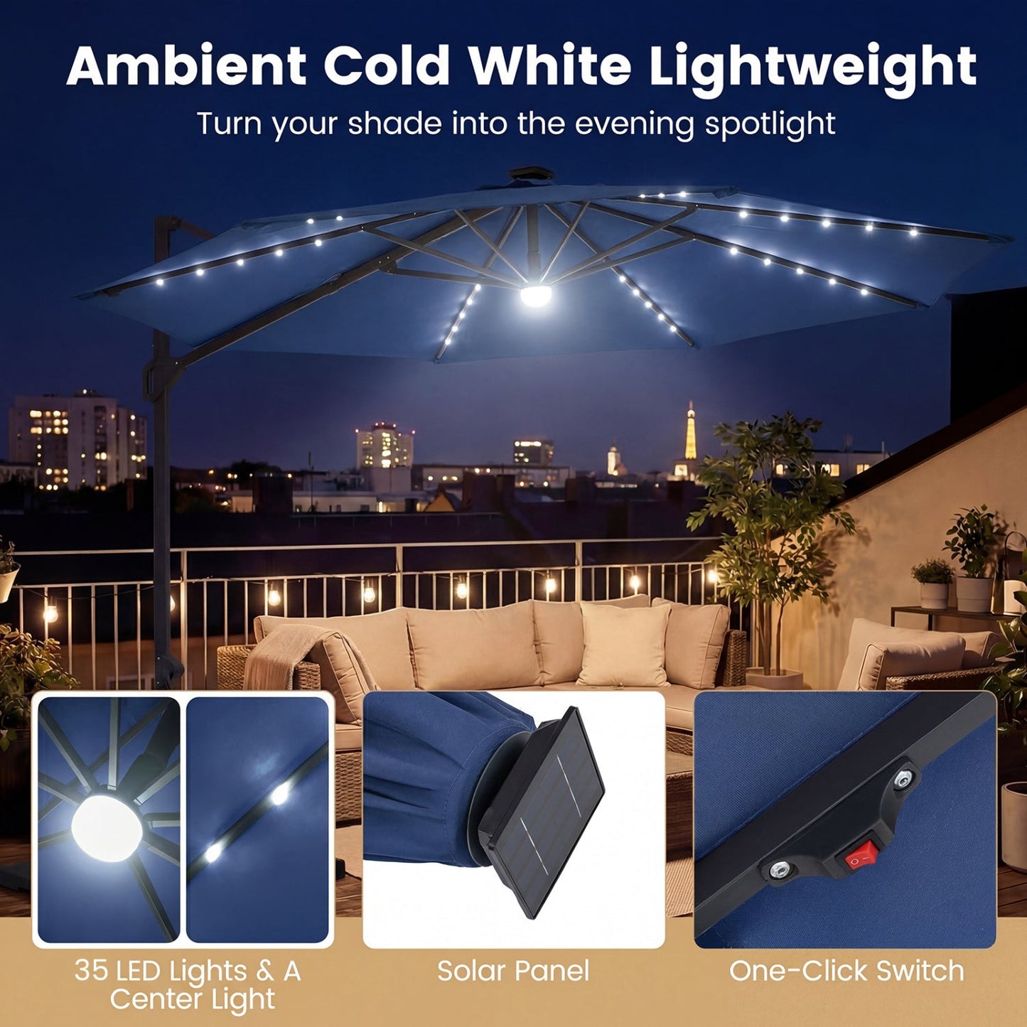 Cantilever Patio Umbrella with Solar LED Lights