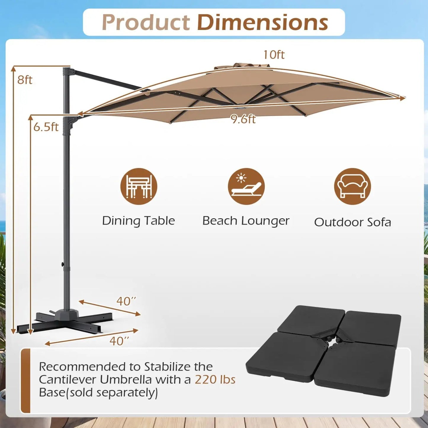 10 ft Patio Cantilever Umbrella 360 Rotation