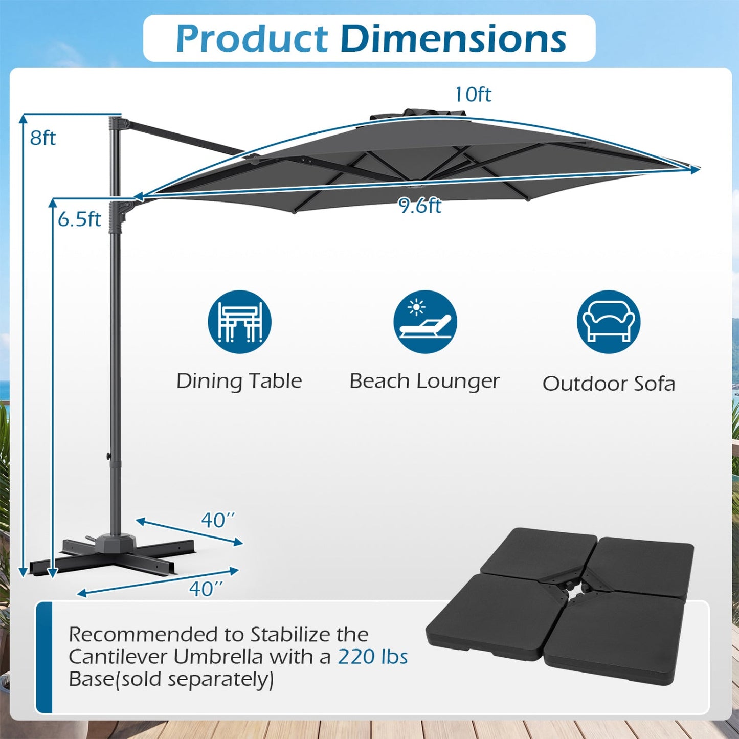 10 ft Patio Cantilever Umbrella 360 Rotation