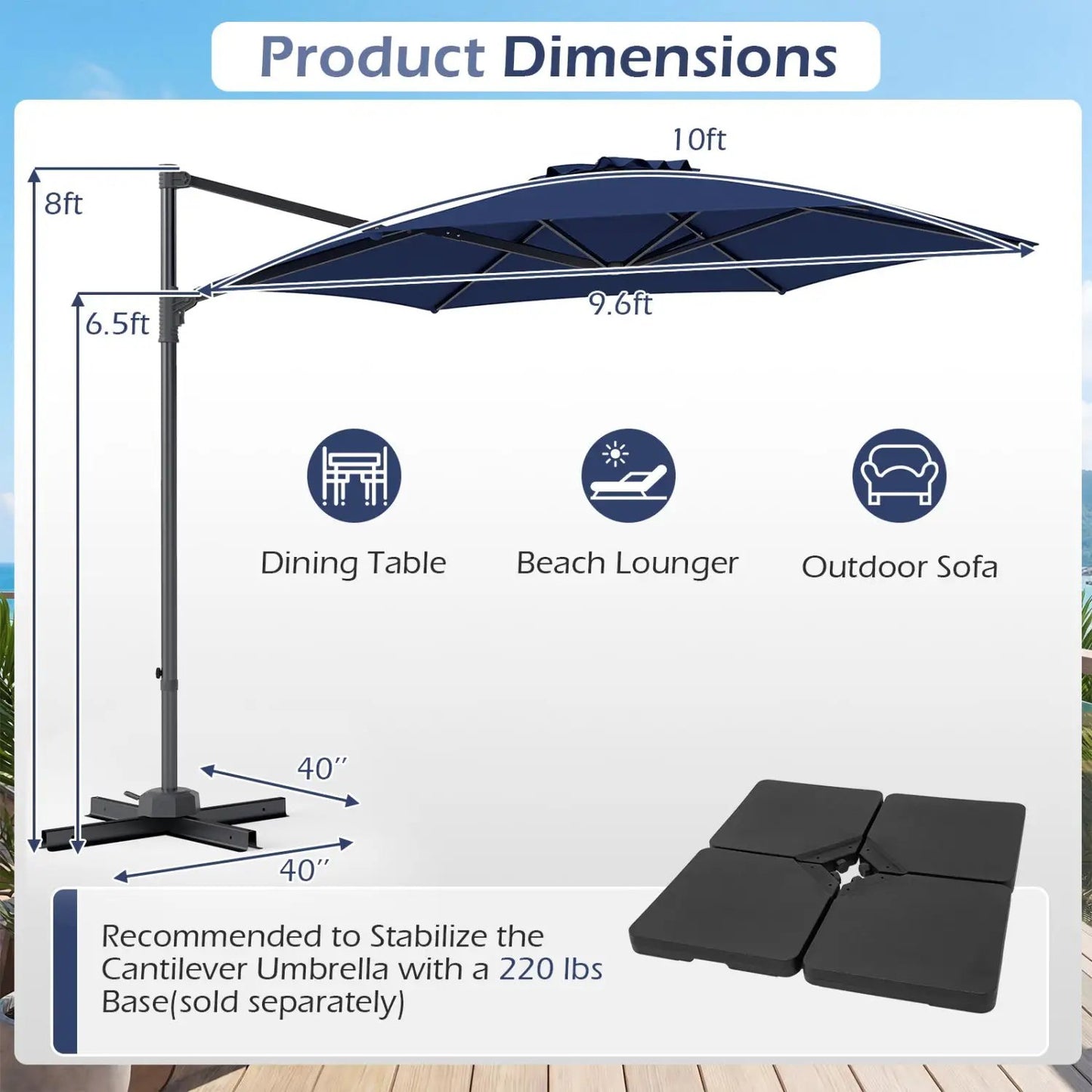 10 ft Patio Cantilever Umbrella 360 Rotation