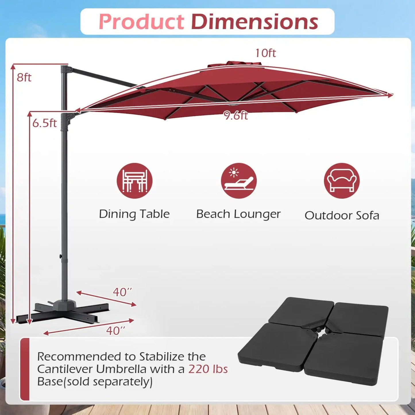 10 ft Patio Cantilever Umbrella 360 Rotation