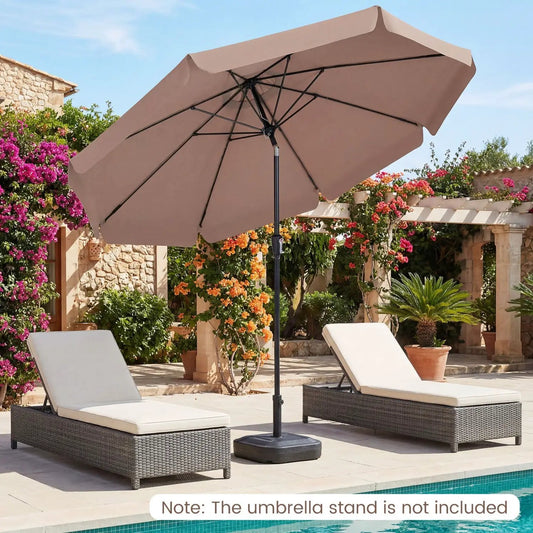 10 ft scalloped patio umbrella DirectDeals with push-button tilt beige canopy beside 2 loungers on Tampa Home & Garden Store