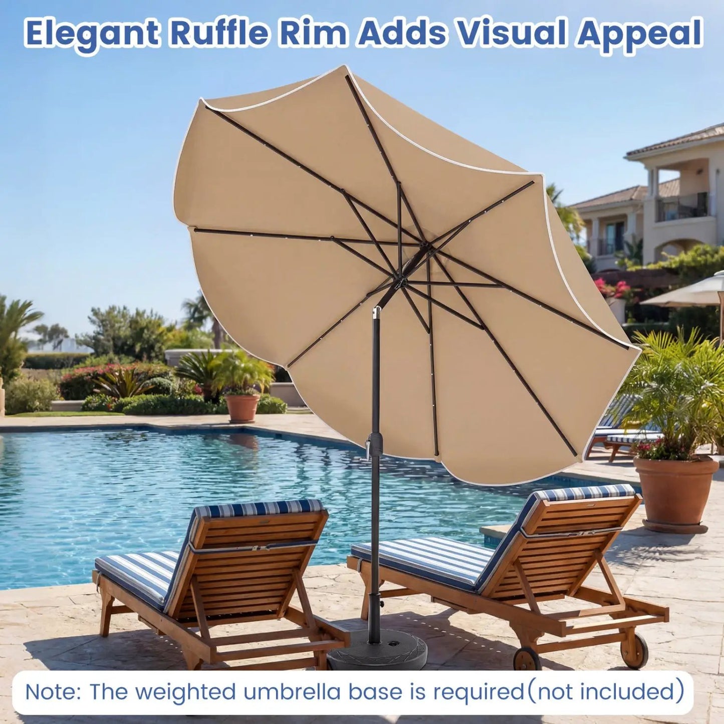 10 Ft Scalloped Solar Patio Umbrella with 24 LEDs