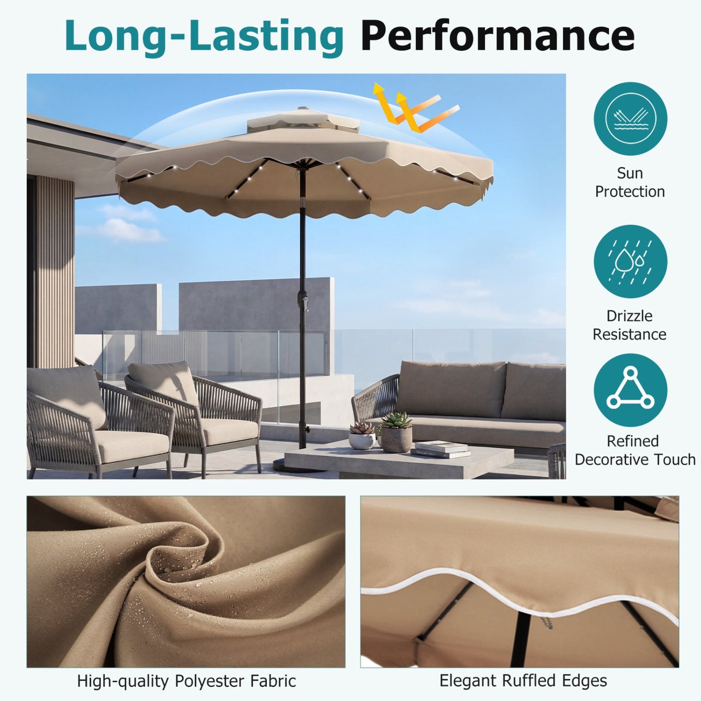 Solar LED Patio Umbrella for Deck and Pool