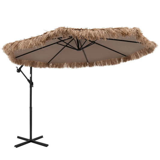 10 ft DirectDeals cantilever patio umbrella with beige canopy and thatchfringe crank lift black frame on Tampa Home & Garden Store