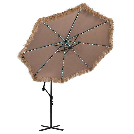10 ft solar cantilever patio umbrella DirectDeals with 96 LED lights tan fringe canopy on Tampa Home & Garden Store