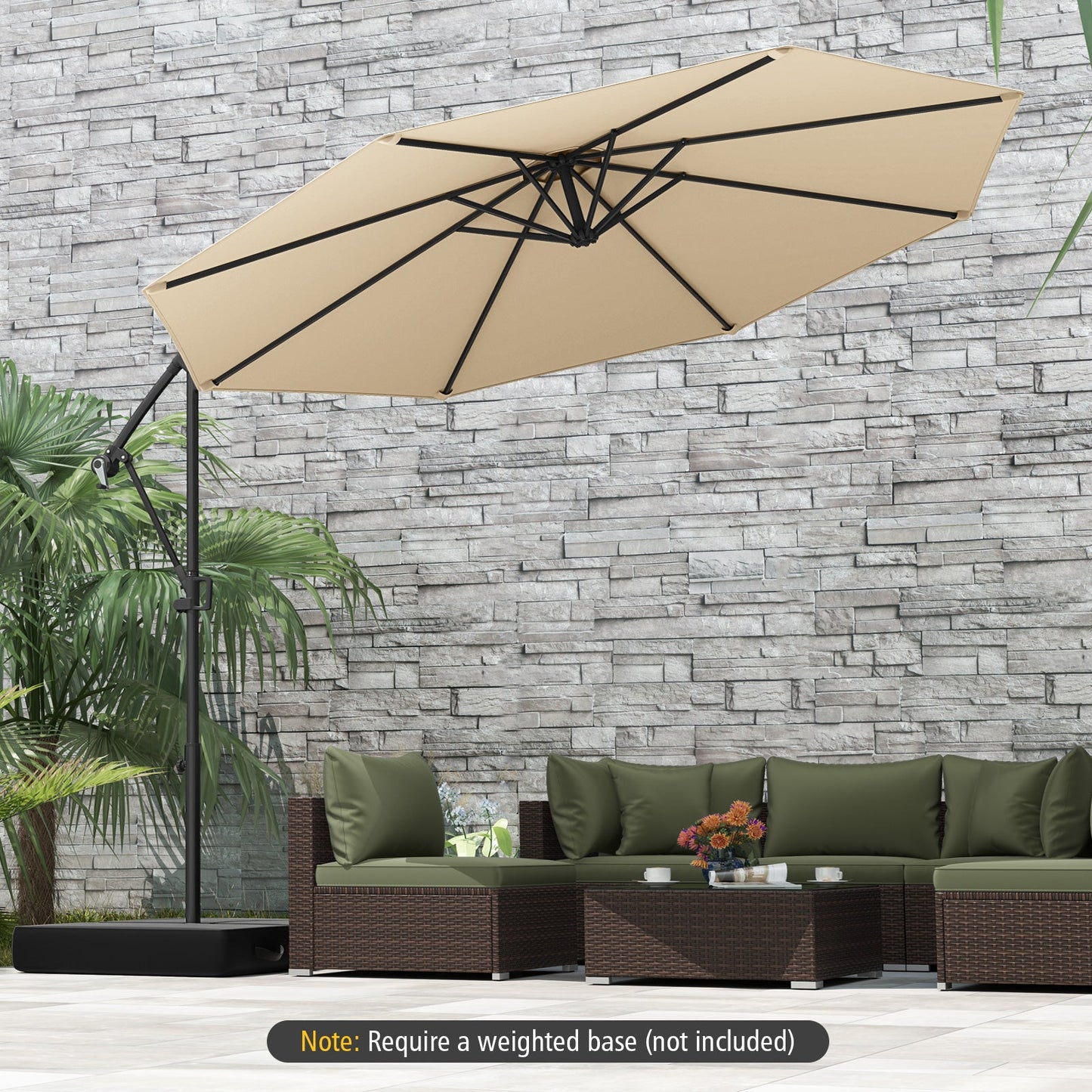 Sombrilla Colgante Lateral de 3 m con Base e Inclinación Infinita - Beige