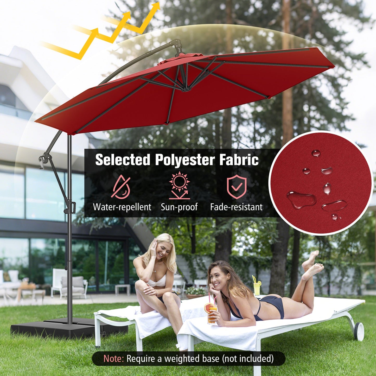10 Feet Offset Hanging Umbrella with Base and Infinite Tilt-Wine
