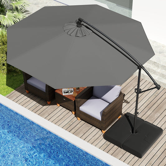 Sombrilla Colgante Desplazada de 3 Metros con Base, Sombrilla Voladiza para Patio con Inclinación - Gris