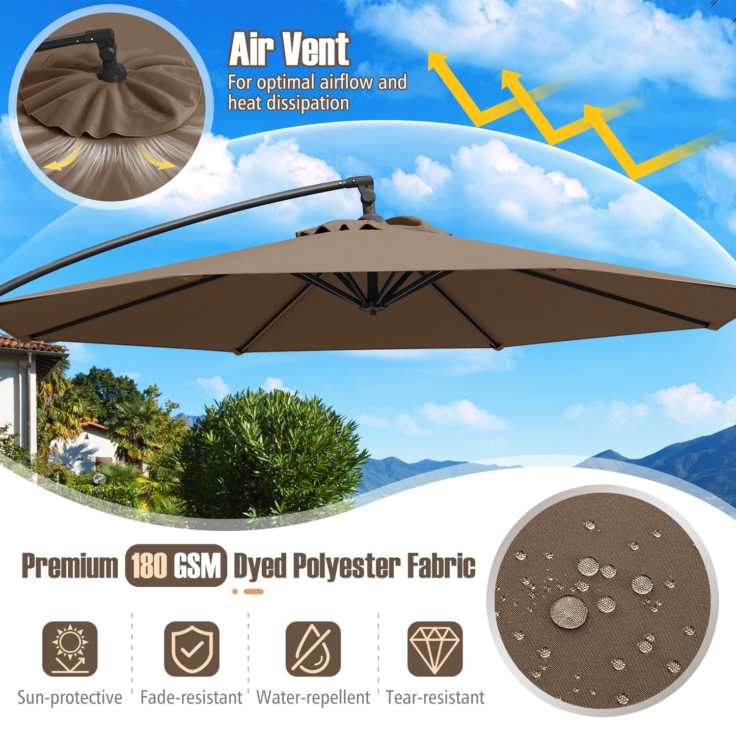 10 Feet Offset Hanging Umbrella with Base Patio Cantilever Umbrella with Tilt-Taupe