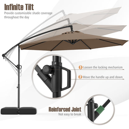 10 Feet Offset Hanging Umbrella with Base Patio Cantilever Umbrella with Tilt-Taupe