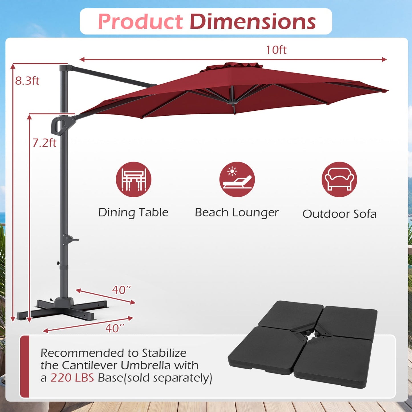 10 Feet Patio Cantilever Umbrella with Easy Tilt