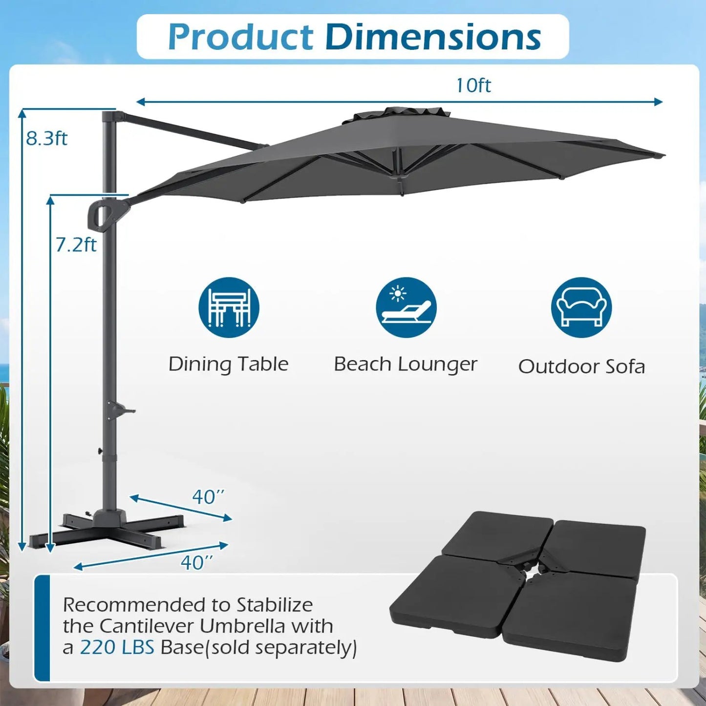 10 Feet Patio Cantilever Umbrella with Easy Tilt