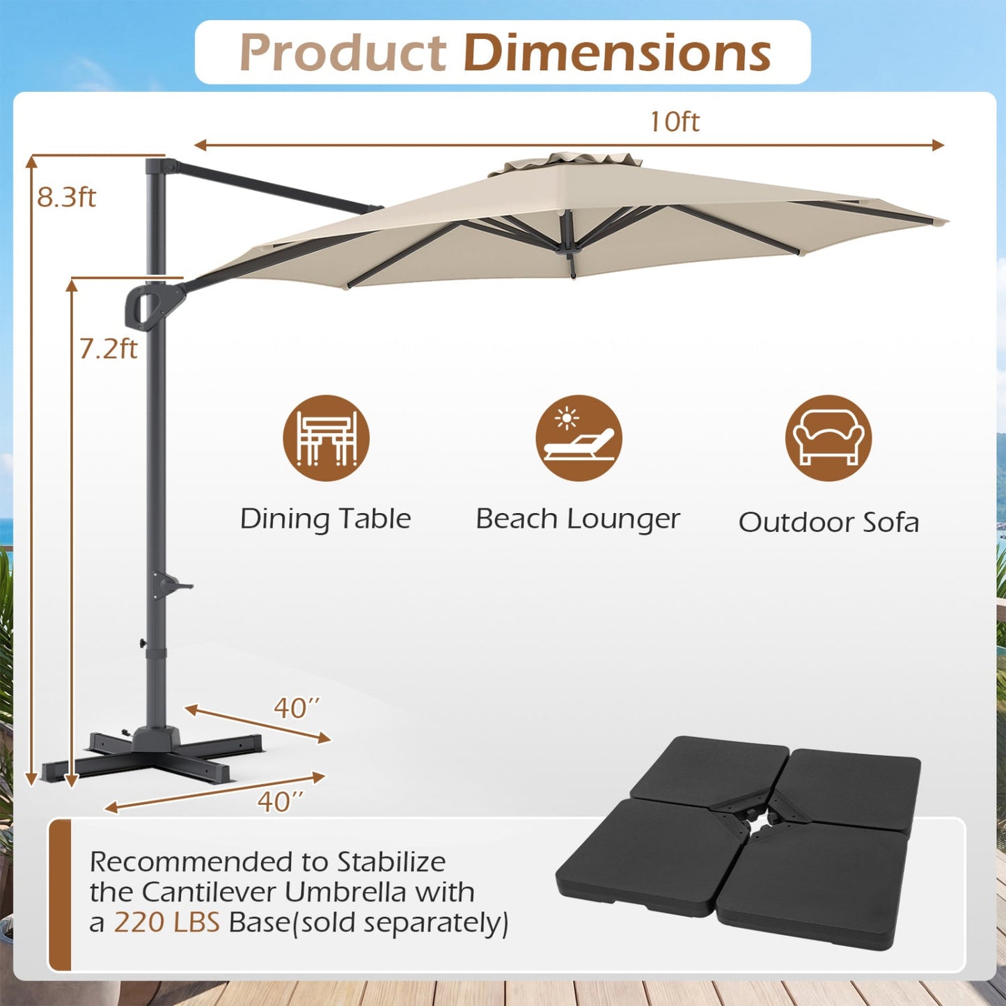 10 Feet Patio Cantilever Umbrella with Easy Tilt
