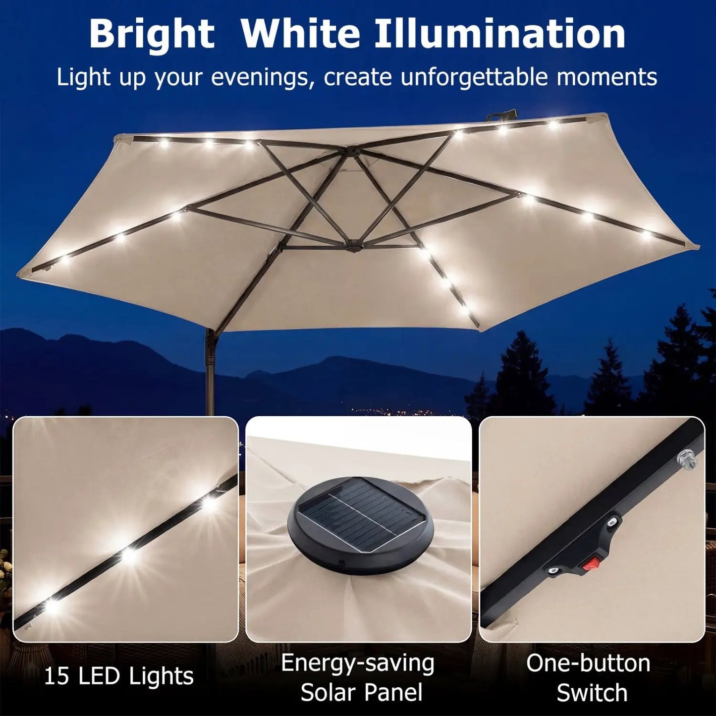 10 Feet Cantilever Umbrella With Solar Lights