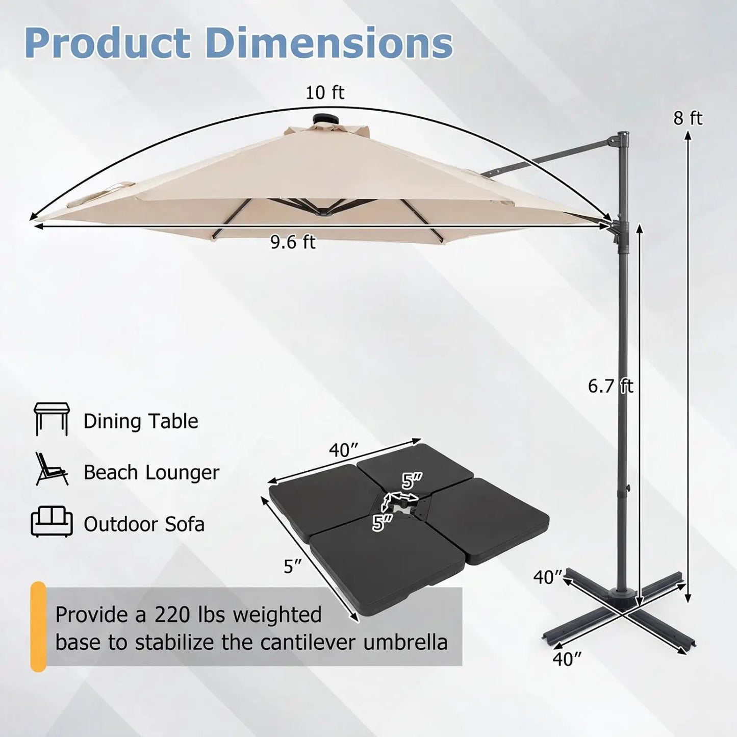 10 Feet Cantilever Umbrella With Solar Lights