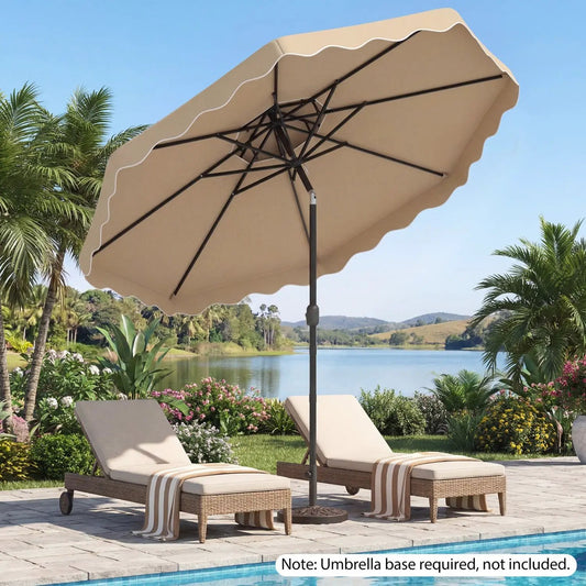 10 ft beige patio umbrella with push-button tilt and crank over poolside lounge chairs on Tampa Home & Garden Store