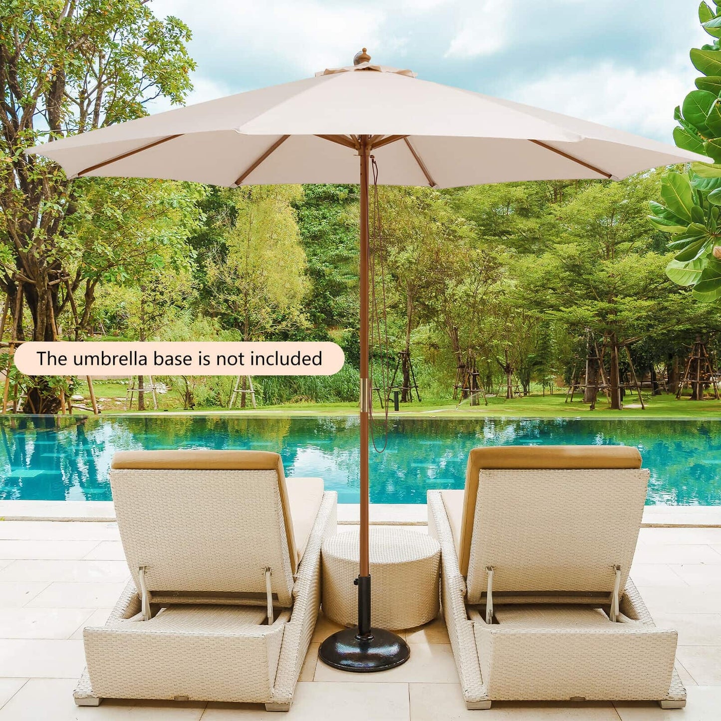 10 Feet Patio Umbrella with 8 Wooden Ribs and 3 Adjustable Heights-Beige