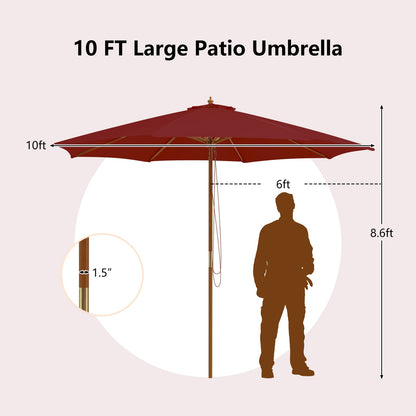 10 Feet Patio Umbrella with 8 Wooden Ribs and 3 Adjustable Heights-Wine